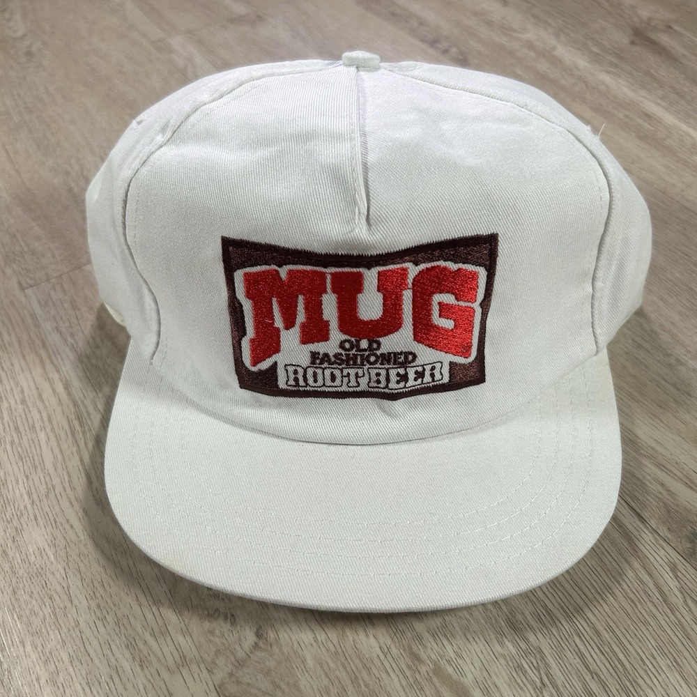 VTG 90s MUG Root Beer Snapback Hat Soda White Cap Made in USA